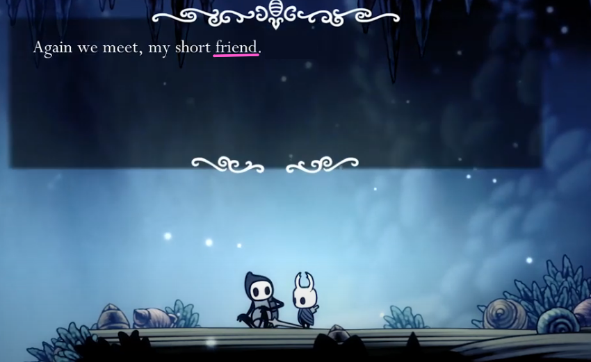 NightMargin's tweet photo. people who call the protagonist of hollow knight "the knight" are very formal and polite and people who call them "little ghost" are passionate about fandom and headcanons, both are cool and well but let's not forget that the real mvp simply calls them "Friend" https://t.co/GXV5ikDuIW