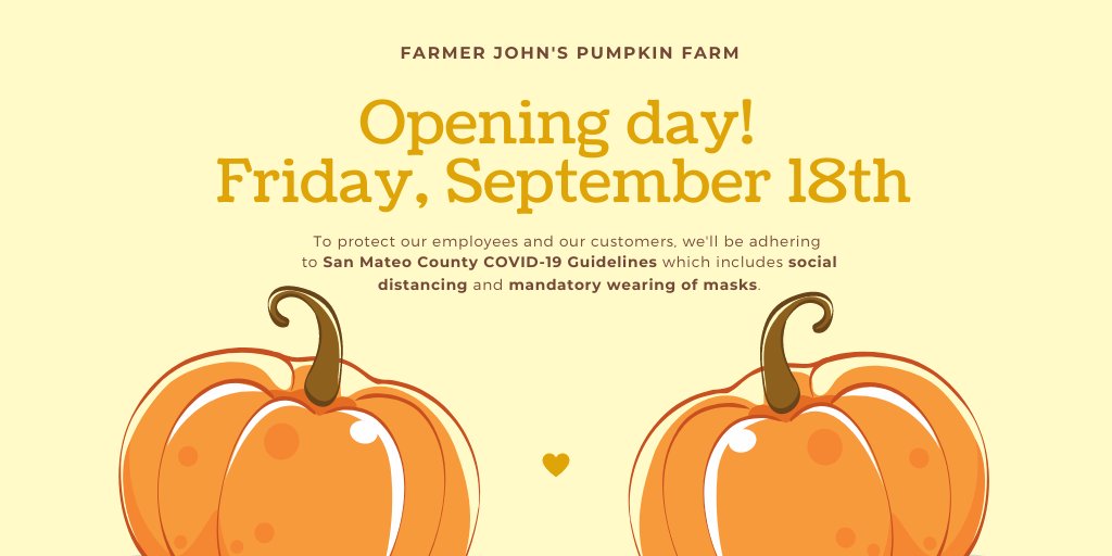 Opening Day is Friday, Sept 18th. To keep our employees &amp; customers safe we'll be strictly adhering to San Mateo County COVID19 guidelines to include social distancing and wearing of masks.Thank you for your support in our efforts. 😷🎃🎃
