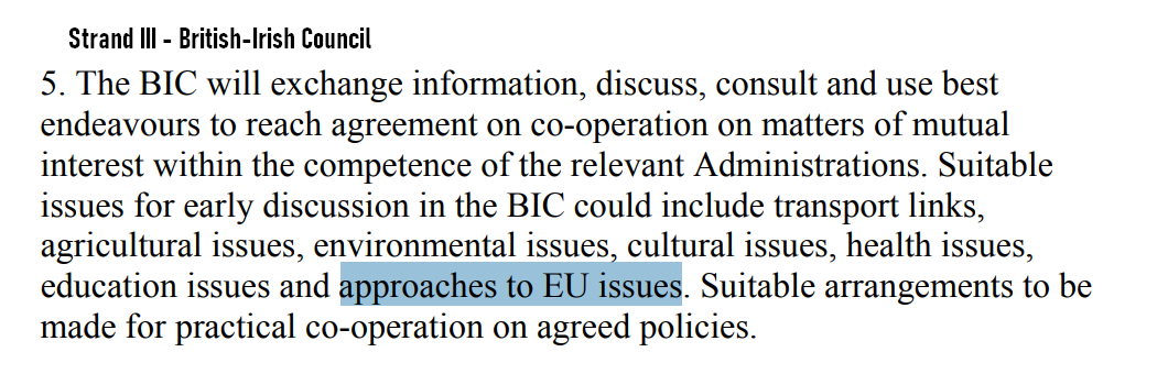 There are as many references to the UK in the B/GFA as there are to the EU (15). These are mainly in relation to the new institutions’ consideration of EU issuesThe principle of  #coordination is key.& the EU dimension is most important to north/south cooperation.4/13