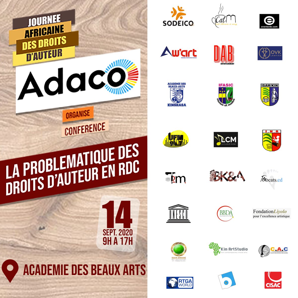adaco_rdc's tweet photo. Vous pouvez aussi participer en ligne à notre conférence sur la problématique des droits d'auteurs en #RDC. Merci à tous nos sponsors et intervenants.

https://t.co/VKGAmR8apm

Le changement c'est maintenant! #RDCnabiso
#JADA20 #ConfADACO https://t.co/nxAfackOvD