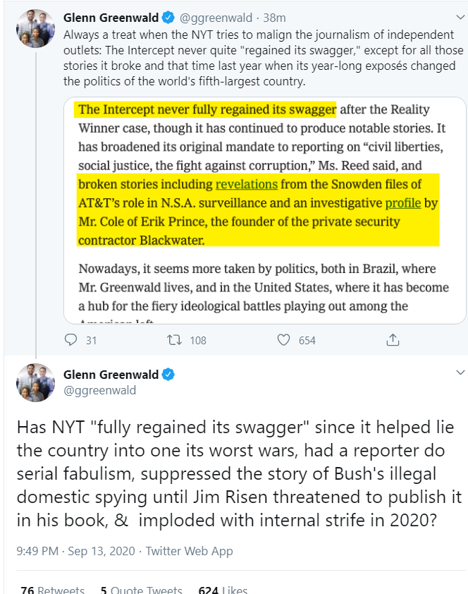And Glenn (the serious journalist) has responded in his usual factual, substantive way...nit-picking at minutia and of course, the tried and true, WHATABOUT WHATABOUT WHATABOUT. Because Glenn Greenwald is a serious, good-faith journalist.