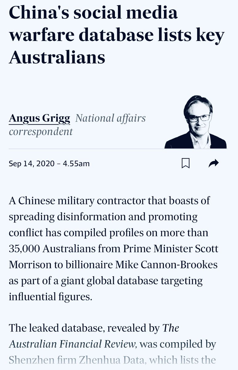 China is watching 10,000 Indians? Duh. ‘The Australian Financial Review’ says the Chinese military contractor Zhenhua Data, whose “clients” include Chinese Communist Party and People’s Liberation Army, has compiled “profiles” on more than 35,000 Australians.  #ChinaWatching