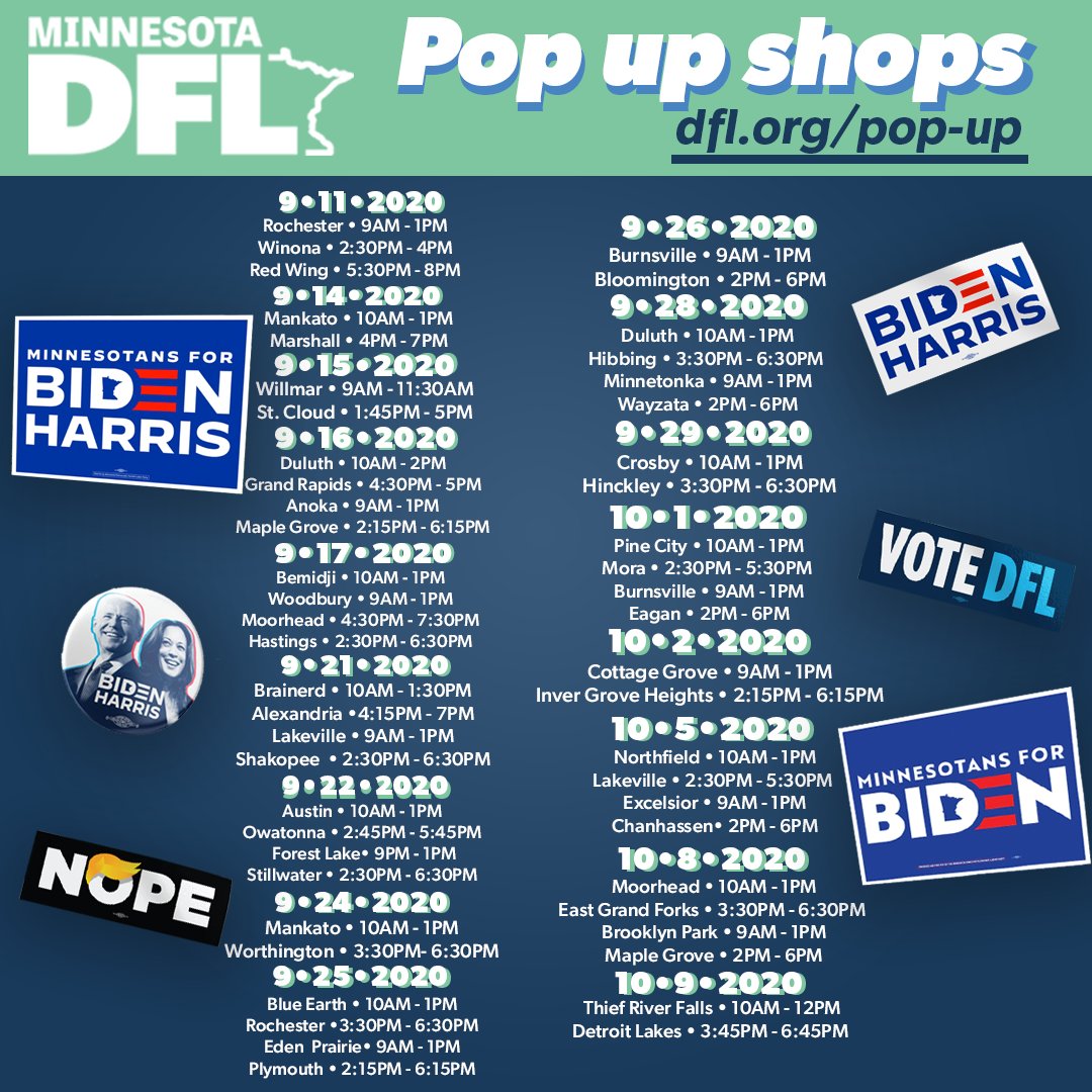 kenmartin73's tweet photo. Still looking for Biden-Harris gear?  This week we'll be in Mankato, Marshall, Willmar, St. Cloud, Duluth, Grand Rapids, Anoka, Maple Grove, Bemidji, Woodbury, Moorhead and Hastings. Visit us for signs, stickers, buttons and more!  More info: https://t.co/PVCZKybQU4 @MinnesotaDFL https://t.co/wjmZ65DKCo