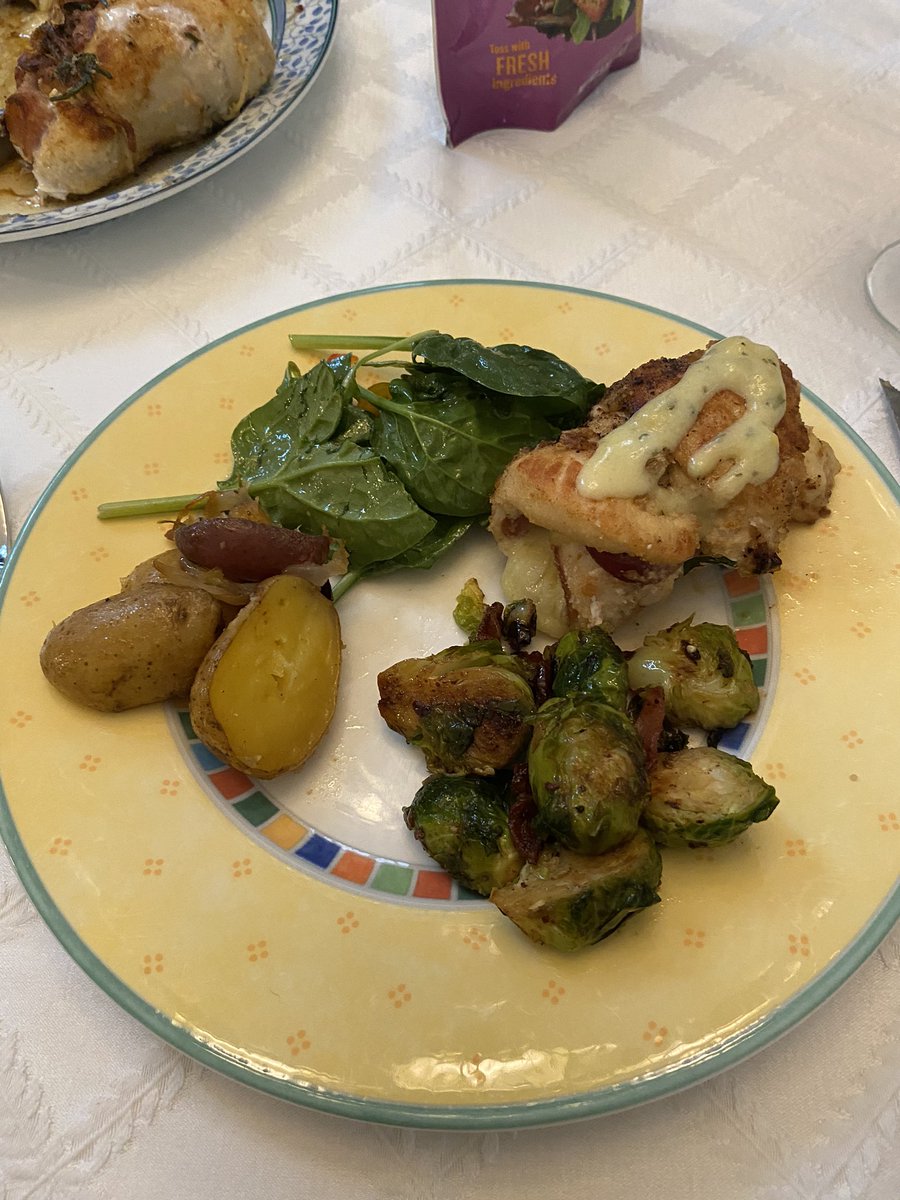 Birthday dinner with friends in our social bubble - <a href="/FrankFamilyWine/">FrankFamilyVineyards</a> Chardonnay, Blu Onice Aglianico and <a href="/McGrailVineyard/">McGrail Vineyards</a> Malbec - plus a lot of other #wine with chicken cordon bleu in a bernaise sauce, with bacon Brussels sprouts and fingerling potatoes #wine #winelover #foodie