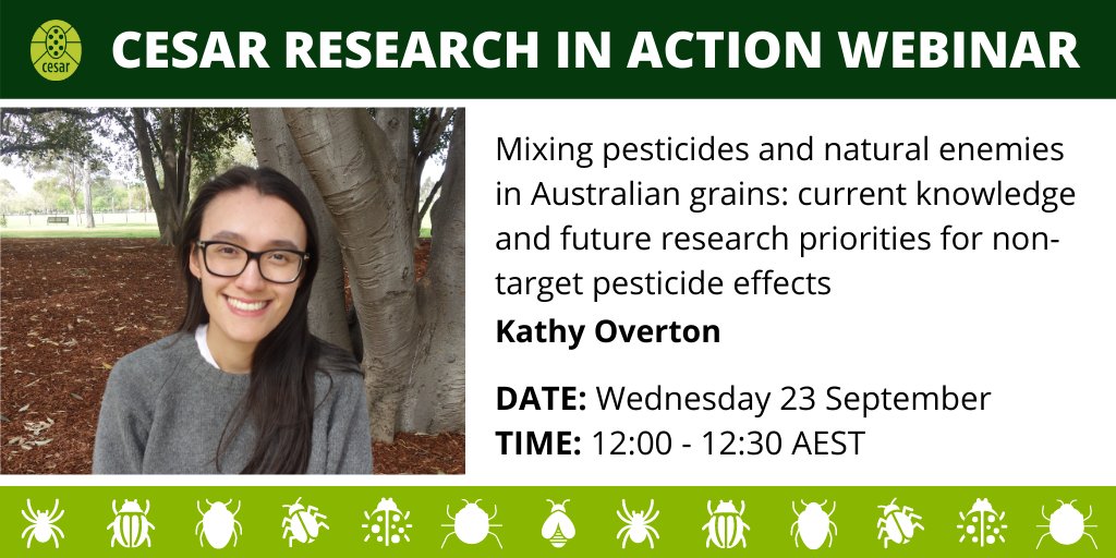 cesaraustralia's tweet photo. Interested in how pesticides may impact beneficial insects in your grain crops? Hear about new research w/ the Australian Grains Pest Innovation Program during our #cesarinaction webinar on 23 September, 12-12:30 AEST
REGISTER: https://t.co/1T1yojSh17 #AGPIP
@theGRDC @PEARG_Lab https://t.co/XnNYummCzj