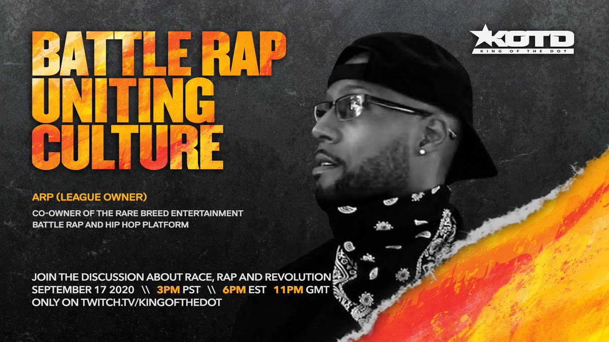 KingOfTheDot's tweet photo. BATTLE RAP UNITING CULTURE 

League owners joining us in the discussion about race, rap and revolution 

@organikhiphop 
@shottyhorroh 
@ItsARP 

Join the discussion September 17th 2020
3PM PST  6PM EST  11PM GMT 
LIVE on Twitch https://t.co/zhvkx1FLa4 https://t.co/1I9sYQ7TrM