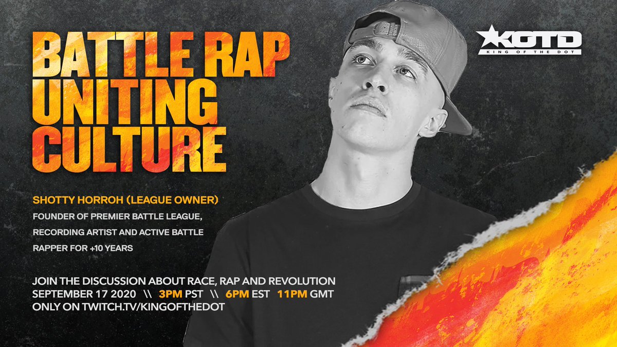 KingOfTheDot's tweet photo. BATTLE RAP UNITING CULTURE 

League owners joining us in the discussion about race, rap and revolution 

@organikhiphop 
@shottyhorroh 
@ItsARP 

Join the discussion September 17th 2020
3PM PST  6PM EST  11PM GMT 
LIVE on Twitch https://t.co/zhvkx1FLa4 https://t.co/1I9sYQ7TrM