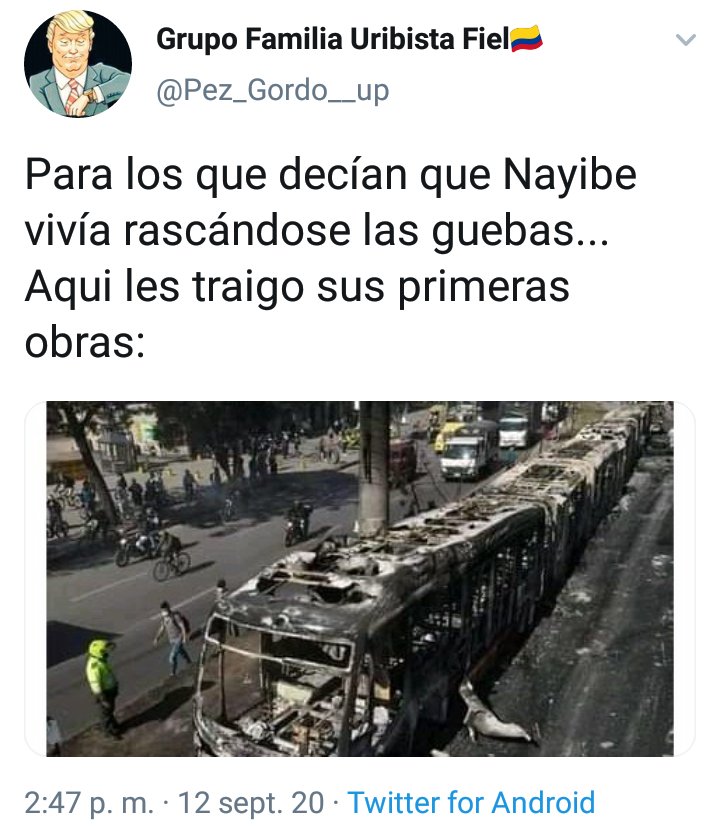 naydun's tweet photo. @Alexbogota199v @Karlaarcila Nayibe es desequilibrada y puro show. Es única responsable de heridos, muertes y daños ocurridos en la tarde del miércoles y días siguientes por inepta y siniestra. Que más bien  trabaje y arregle el mier#% que permite, que le resuelva a la gente el  transporte que les quemó. https://t.co/wo76QWkicl