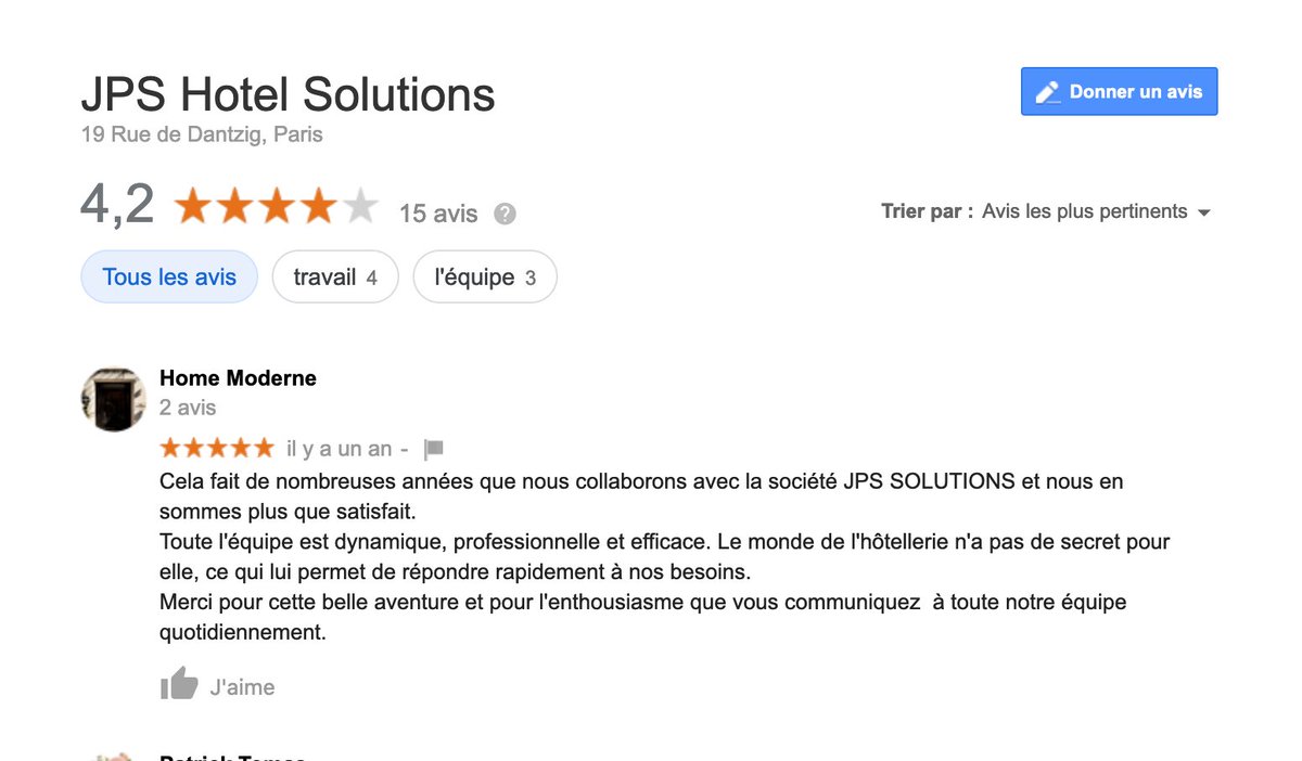 jpshotel's tweet photo. #AVIS #GOOGLE 
- - -
Home Moderne
Cela fait de nombreuses années que nous collaborons avec la société JPS SOLUTIONS et nous en sommes plus que satisfait. 
.
#JPSHOTELSOLUTIONS #TOURISME #GIRLSINMOTION #HOTELCONSULTING #HOSPITALITY https://t.co/PIyuQr39wz