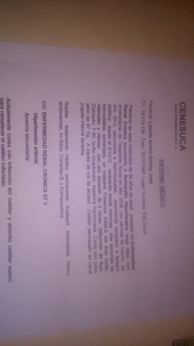 Iryad5's tweet photo. @NicolasMaduro Presidente @NicolasMaduro Necesito cn carácter de urgencia Un Catéter con carácter de urgencia para mi Hermano, y no contamos con 150$ para obtener uno... Acá en la Unidad de Diálisis Cumaná no hay y no podemos viajar a Caracas @ivssoficial @dcabellor #VamosVenciendoAlCovid19 https://t.co/PsidKojXlm