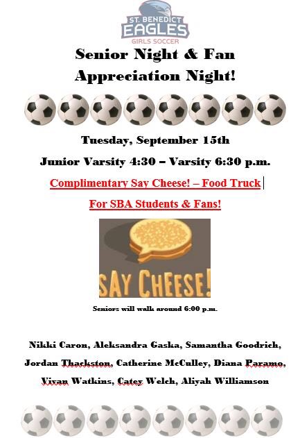 SBALadyEagles's tweet photo. Senior Night and Fan Appreciation Night!  Say Cheese Food Truck complimentary for all SBA Fans and Students!!  Pick up a ticket at the entrance gate or concession stand!  Come cheer on our Seniors in the home opener against Briarcrest!!!! https://t.co/4xZZYmHKDa