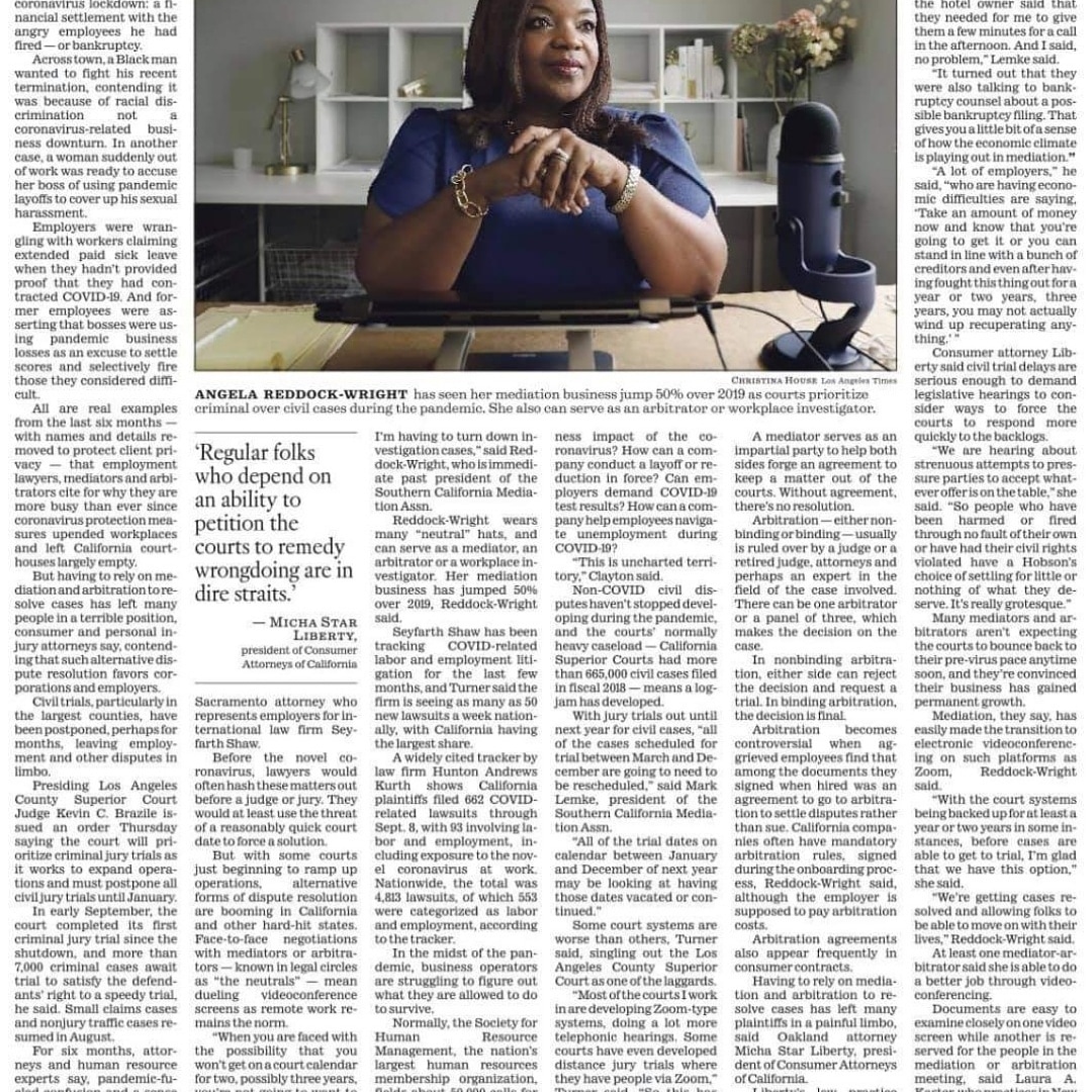 angelareddock's tweet photo. Thank you @latimes for including me in the story today on the impact #COVID19 has had on the #civil #courtsystem and the growing importance of #mediation and #arbitration. #employmentmediator #employmentarbitrator #ADR #neutral #employmentlaw #workplaceconflicts #humanresources https://t.co/44AciqiIJq