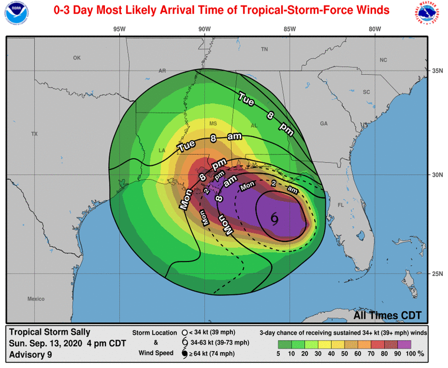 NHC_Atlantic's tweet image. Dangerous hurricane-force winds are expected by late Monday somewhere within the Hurricane Warning area between Morgan City, LA, and Ocean Springs, MS, including New Orleans, with tropical storm conditions beginning on Monday #Sally hurricanes.gov