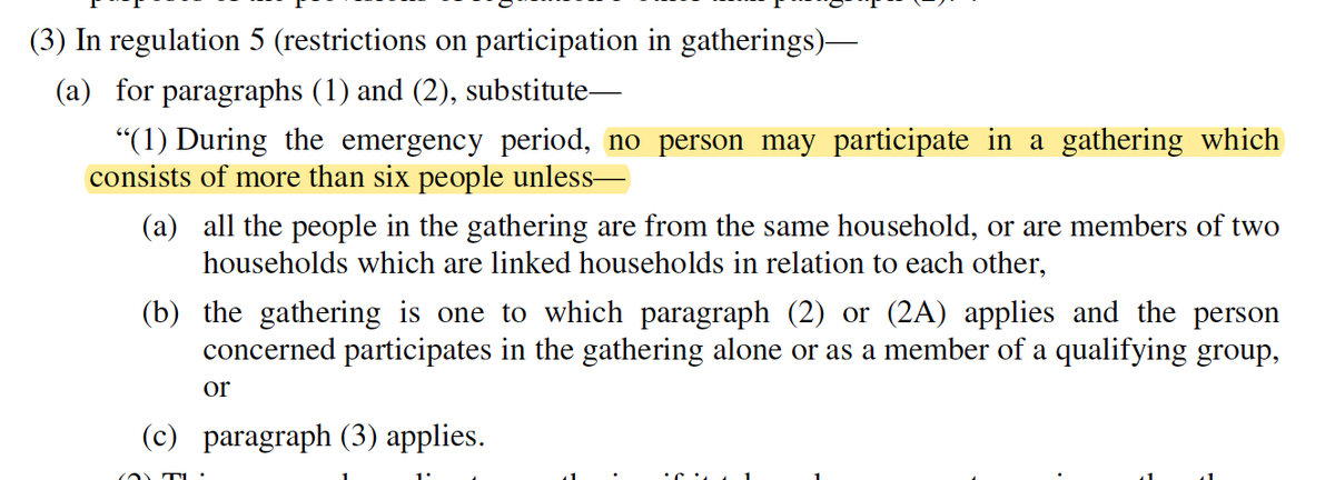 But there is a lot of new stuff in the regulations.The starting point is no more than 6 people may gather - unless the gathering falls within a list of exceptions. /5