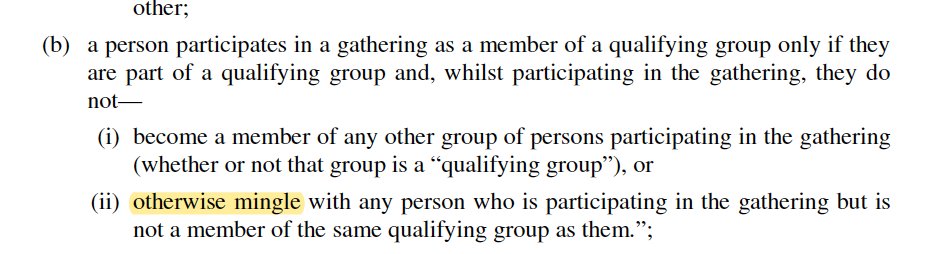 ... a 'qualifying group' which basically means you go along as a 6 or less, or a household, but then you are not allowed to ( @davidallengreen  @SeethingMead you're going to love this) *mingle* with anyone else. It's illegal to mingle! What does mingle mean? /7