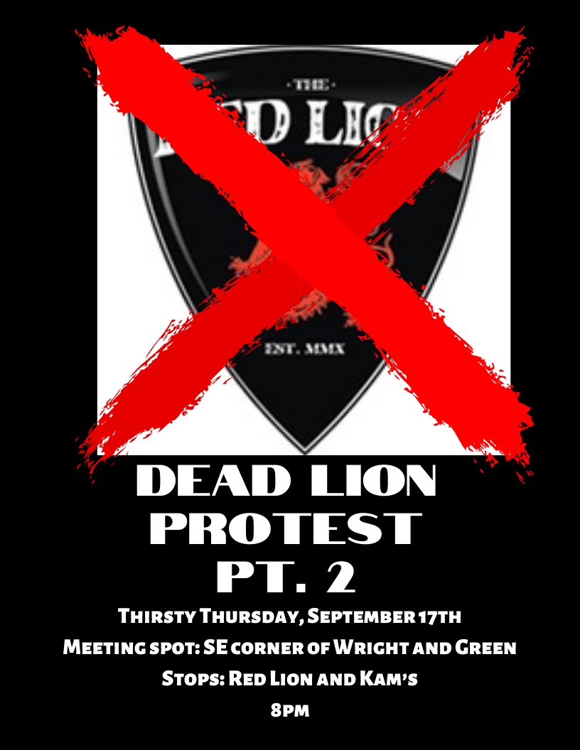 taliahray's tweet photo. Campustown bars (Red Lion &amp; Kam’s) owned by Cochrane company have been blatantly discriminating against POC for years. We are tired of Cochrane putting our safety at risk by mishandling 2 pandemics, racism and COVID.  Please join us as we protest on Thursday, Sept. 17th #DEADLION https://t.co/JvN8Ihb3QI