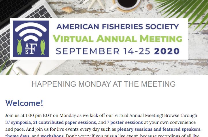 AmFisheriesSoc's tweet photo. What's happening tomorrow at the Virtual Annual Meeting? We've got the full run-down in our daily preview. From featured speakers to special events & meetings to tips and tricks, find everything you need to know for the first day of #AFSvirtual2020! https://t.co/QmFMqrtuBl https://t.co/ePRmAaCkQj