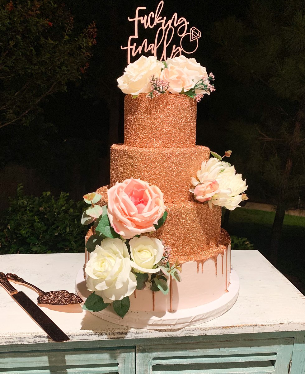 AllThingsCakeOK's tweet photo. This cake was gorgeous with rose gold sugar crystals and blush accents.  

And when your wedding is postponed due to Covid, you get a NSFW cake topper!  😮 https://t.co/kqkwseBw6U