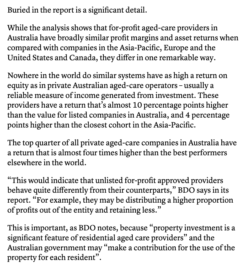 If you want to get up to speed, many of these issues will be addressed at this  #agedcareRC hearing. Notably, this telling detail from BDO Australia analysis commissioned by the inquiry.  https://www.thesaturdaypaper.com.au/news/politics/2020/09/12/the-collapse-aged-care-part-one/159983280010409