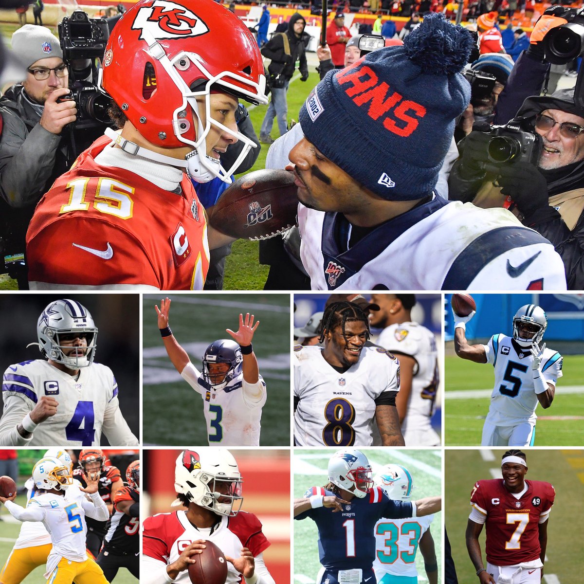 ComplexSports's tweet photo. Mahomes | Watson | Prescott | Wilson Jackson | Bridgewater | Taylor | Murray | Newton | Haskins Jr. 

10 starting black QBs in week 1, an NFL record.

(h/t @TheUndefeated) https://t.co/OGNo4eXYTa