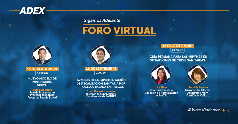 ADEX_PERU's tweet photo. #PerúNoSeDetiene 🇵🇪 ¡Conoce nuestros foros virtuales de la semana! 👇 Inscripciones: https://t.co/IapeVUvoxW #JuntosPodemos 💪 https://t.co/Iocz52FDcm