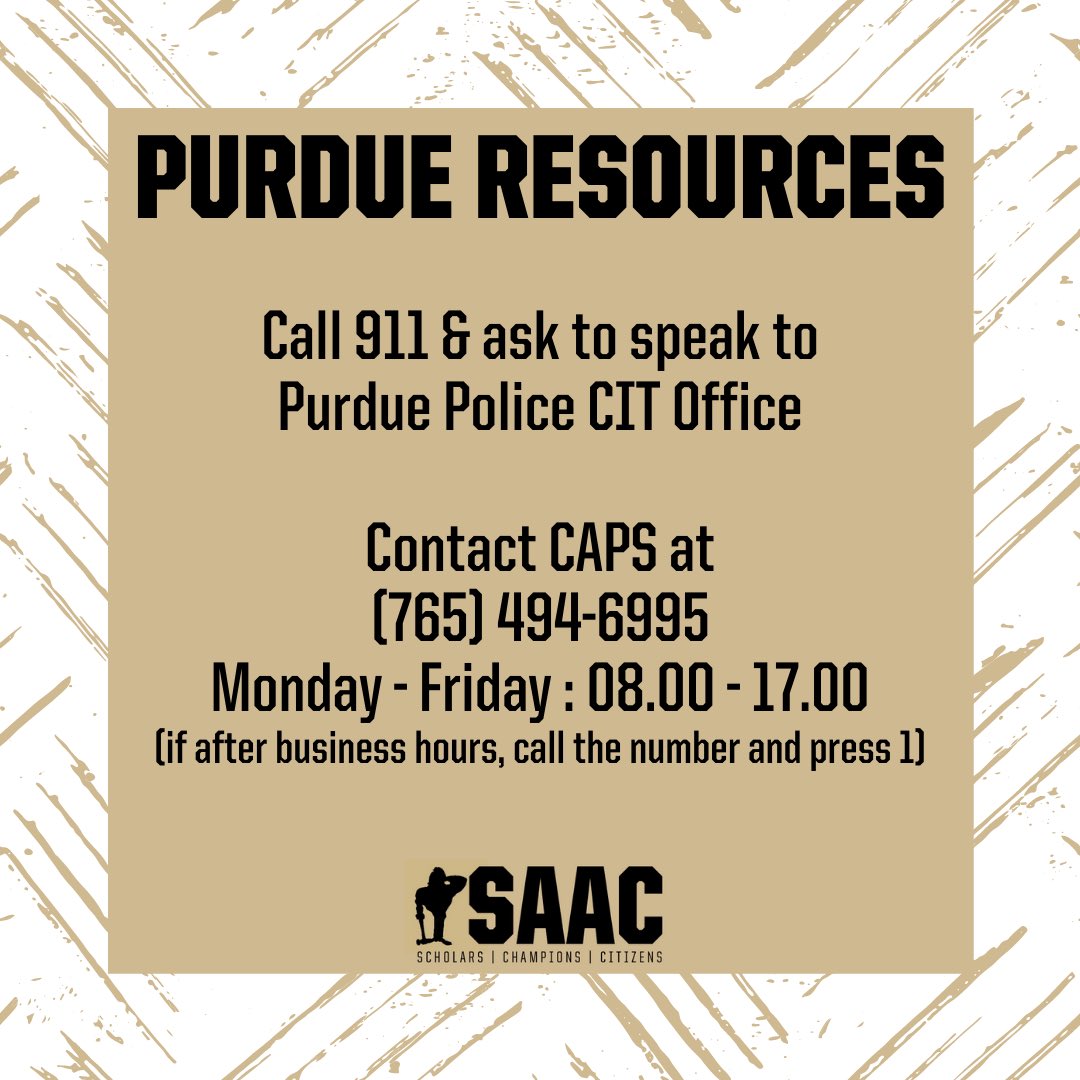 BoilerSAAC's tweet photo. Remember Boilers, you are #NotAlone. Reach out to the resources above❕#SPM20 #BoilerUpTogether https://t.co/cvniZeE73t