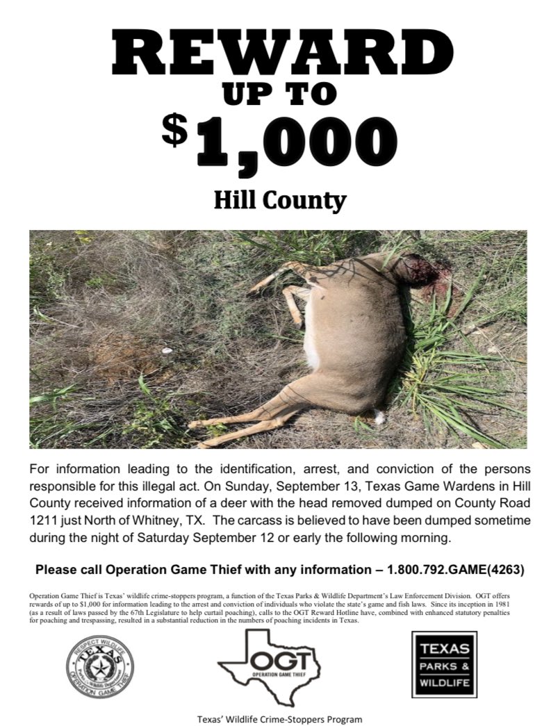 Texas Game Warden on Twitter: "Operation Game Thief is seeking information  on a dumped deer in Hill County. If you have any information to offer  please contact the OGT tip line at