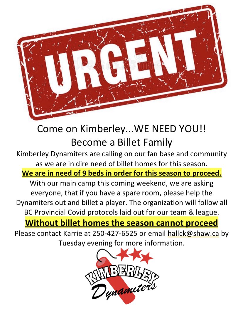 nitroshockey's tweet image. Come on Kimberley...WE NEED YOU!!
We are in dire need of billet homes for this season.
We need 9 beds in order for this season to proceed.
Without billet homes the season cannot proceed
Please contact Karrie at 250-427-6525 or hallck@shaw.ca by Tuesday