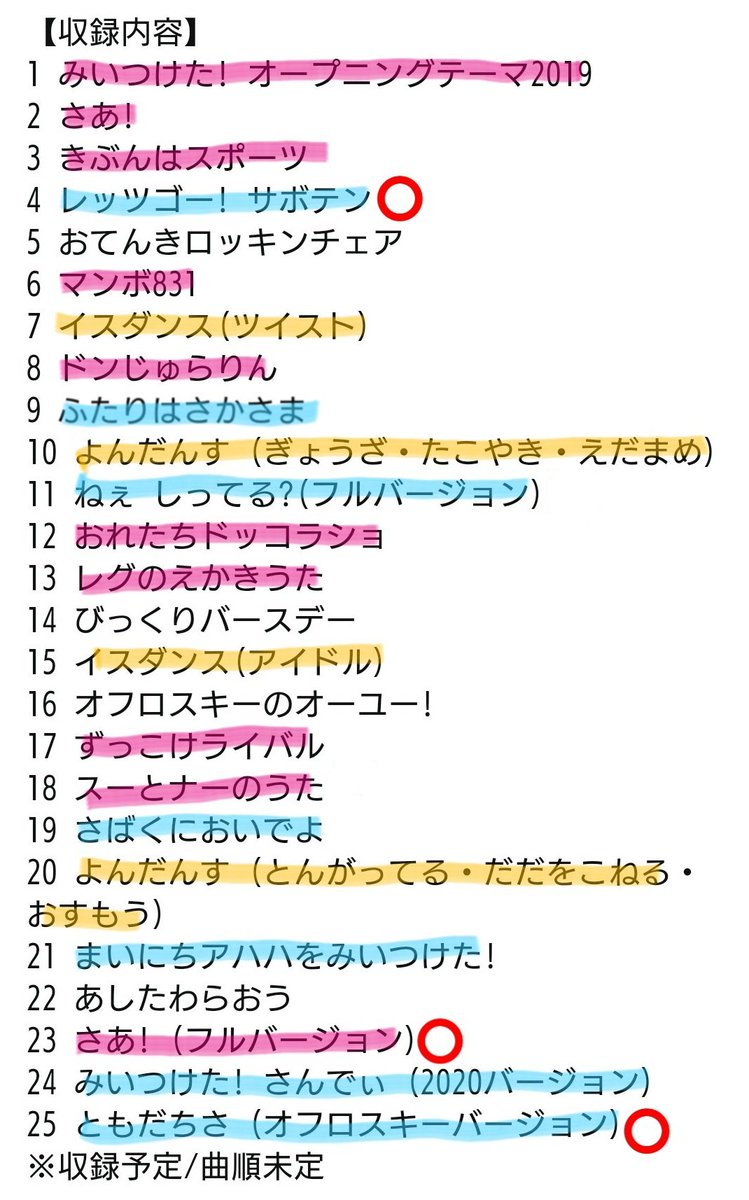 تويتر オフログ على تويتر りさスイちゃん新録音曲で 今回のcdに収録されないものリストです ぜんぶ旧作ですね 間違いあったら教えてください サボテンよりあいをこめて コッシーのえかきうた サボさんのえかきうた サボさん まいったな おこっしぃの