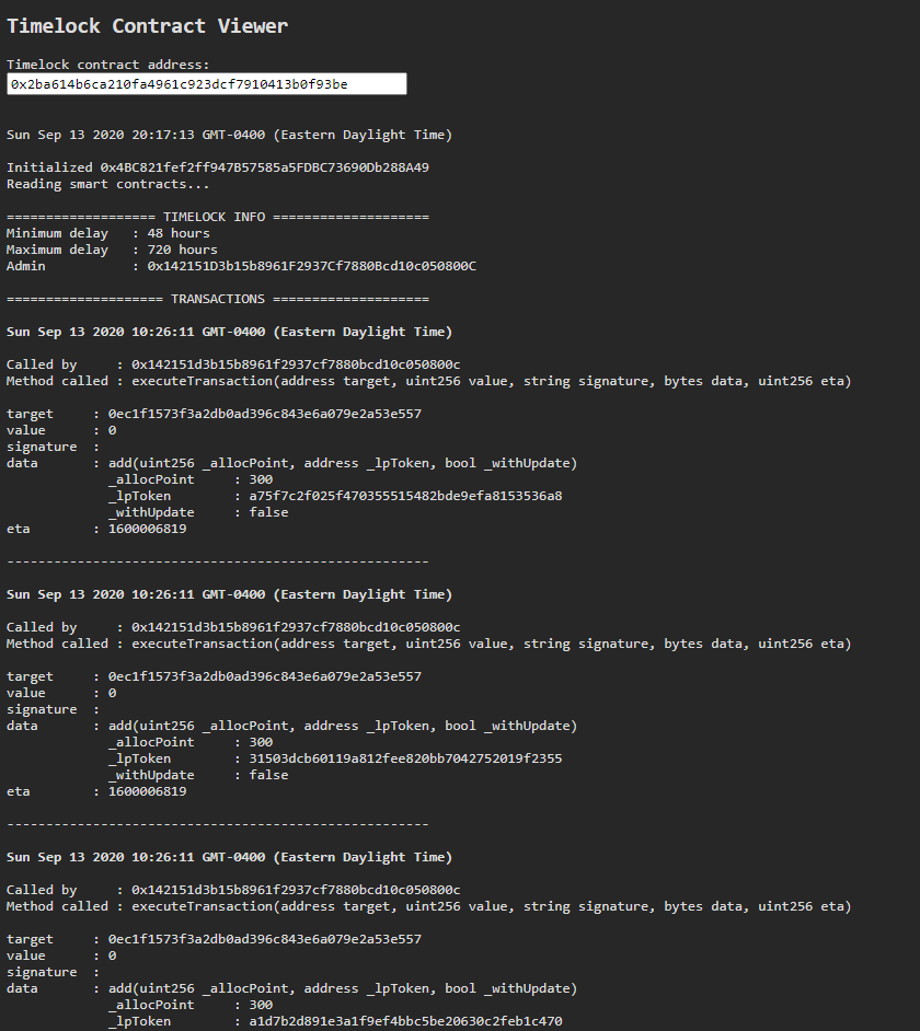 Weeb_Mcgee's tweet photo. Timelock viewer tool ⏰

Enter the address of a timelock contract and it will show all queued and executed transactions!

examples)
@imMoonSwap : https://t.co/deDjSguxpO
@sakeswap : https://t.co/EqOP6TUbI7
@SushiSwap : https://t.co/Kd0bWrOZtj https://t.co/WHZobpdT3S