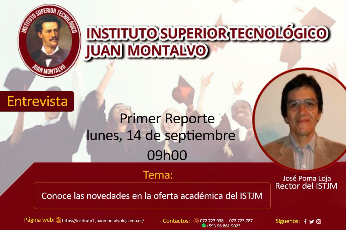 istjuanmontalvo's tweet photo. 🔴 #Agendademedios  
📱 Sigue en vivo la entrevista, sobre las novedades en la oferta académica del Instituto Superior Tecnológico Juan Montalvo.
💻facebook live @primereporte
⌚09h00/ lunes, 14 de septiembre de 2020 https://t.co/SnoNeaWmtt