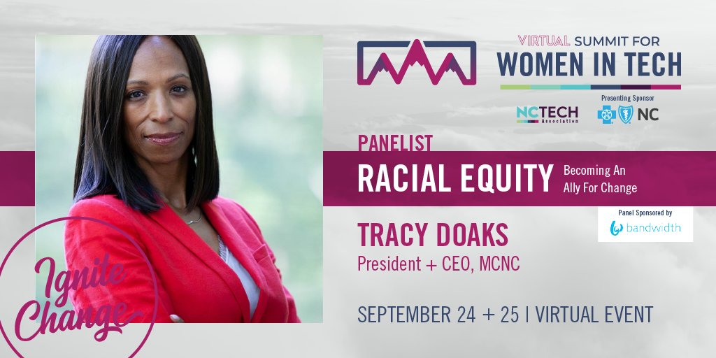 mcnc's tweet photo. MCNC President and CEO Tracy Doaks will be speaking at NC Tech's Virtual Summit for Women in Tech on Sept 24-25. Learn more here ... https://t.co/X0IYmN7RD3 ... #SFWIT @NCTA #NCTECH #IGNITECHANGE w/ @tsdoaks https://t.co/UfPGcI1DBR