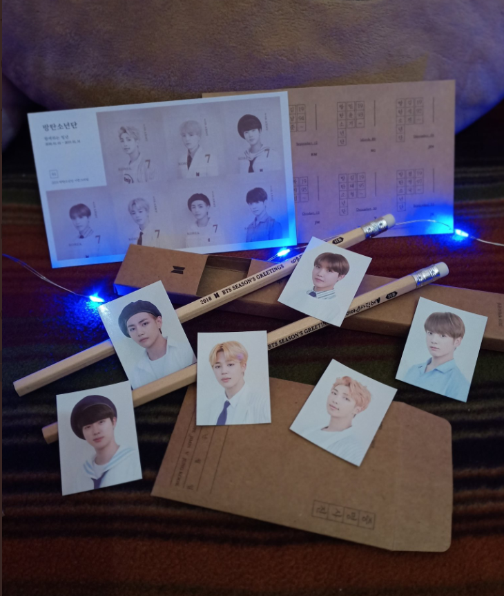 BTS Seasons Greetings 20182 pencil, sticker postcard and ID photo [w/o Yoongi] - 450on-hand, ready to ship - order thru shopee for cheaper sf http://shopee.ph/xx_chachi   #BTS  #BTSARMY  #BTSSeasonsGreetings2018