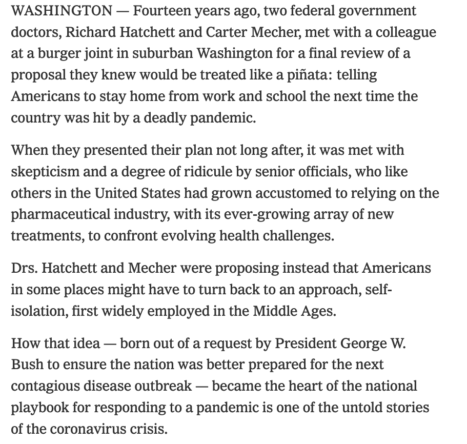 The opening paragraphs should set off some alarm bells. Why was this seemingly common sense idea only seriously raised 14 years ago? Why would this discussion not have taken place prior to Bush's request? And you can't talk about a single plan for "contagious disease" outbreaks.