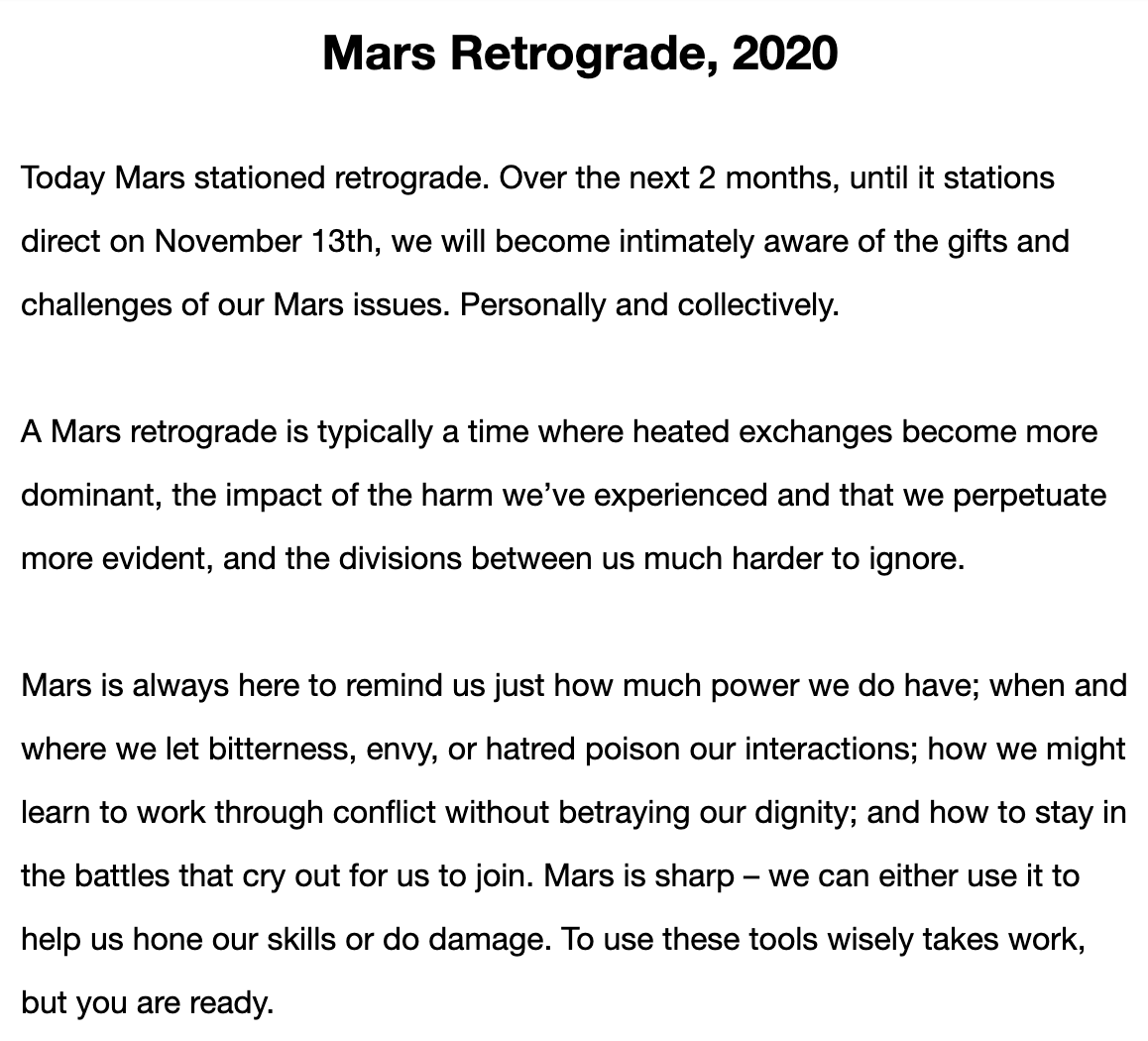 I know everyone loves to talk about mercury in retrograde, but that's not the only planet (by far!) that retrogrades. So let's chat a bit about MARS RETROGRADE.On the 9th, Mars stationed retrograde: