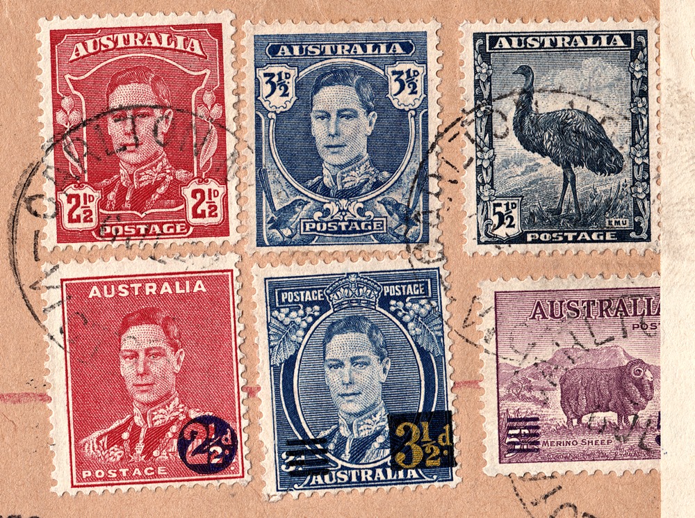 2/8Philatelically inspired franking uses the provisional issue of 10 Dec 1941 surcharged to reflect the war postage tax of ½d, which came into effect the same day these  #stamps were issued. On the top row, are the stamps issued to replace each of these in 1942.