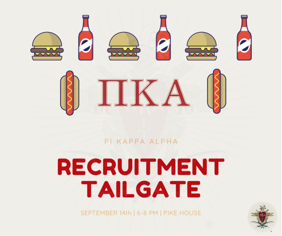 🚨TOMORROW🚨
•
If you are interested in becoming a part of Pi Kappa Alpha, make sure that you are at the Pike House tomorrow at 6! Come hang out with the guys and have some fun at our first in-person recruitment event! #RUSHPIKE