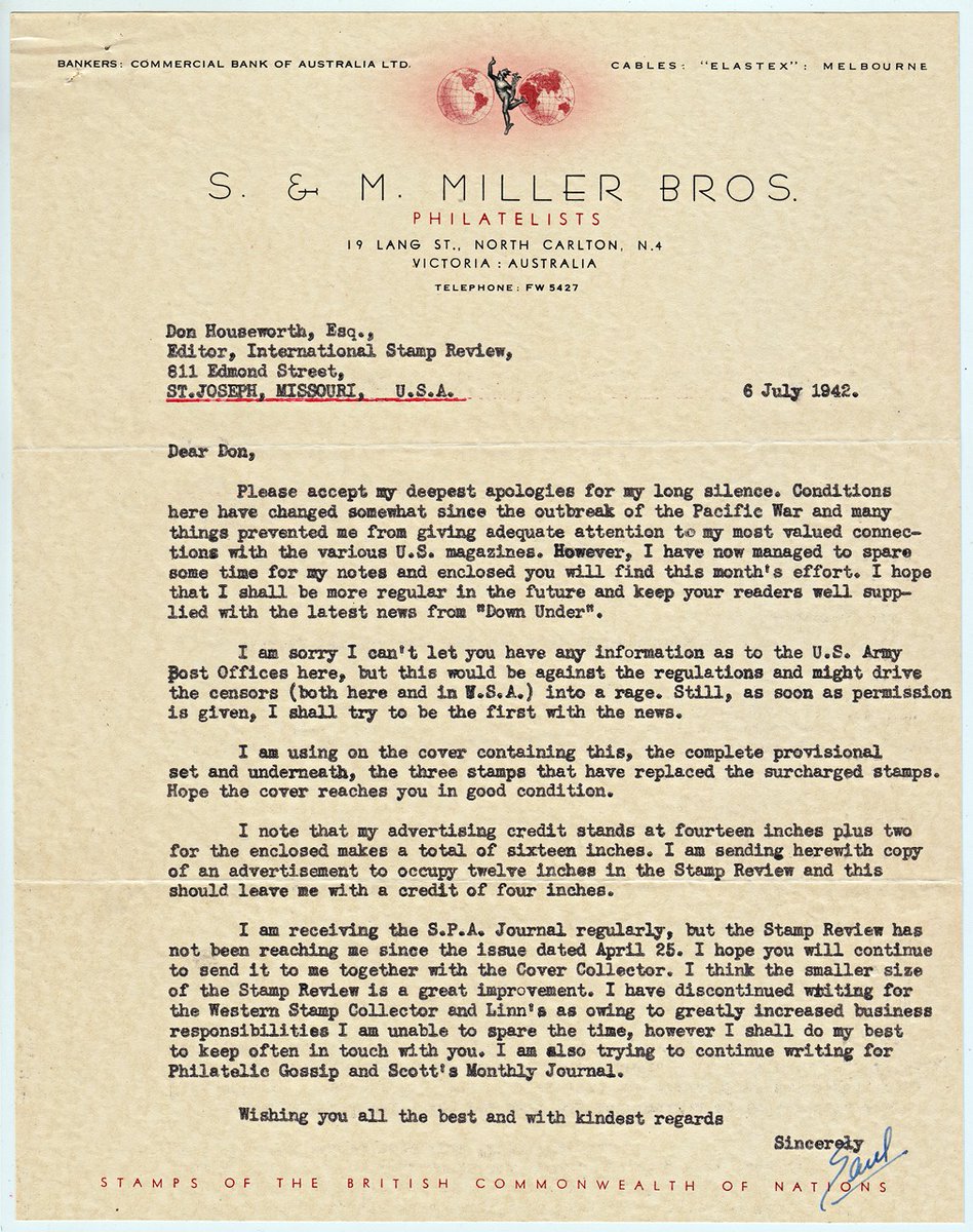 3/8Preserved inside the envelope is this letter, signed by Saul Milller. The cover orig. contained a philatelic article and copy for an advertisement for the Stamp Review. Saul also apologises that he is unable to provide info about the US Army POs in Australia. Worth reading...
