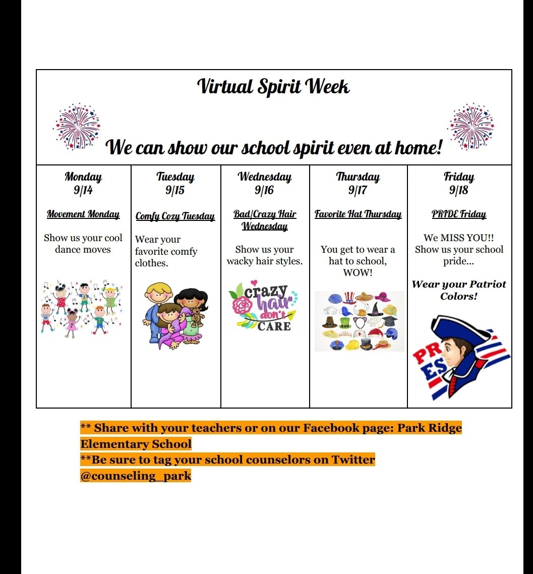 counseling_park's tweet photo. Spirit Week Patriots!!! @ParkRidgePats @1presva @PRES2ndGrade @KinderRidge @5thPres @Pres4th @PRESthirdgrade https://t.co/ooUF9QDjAR