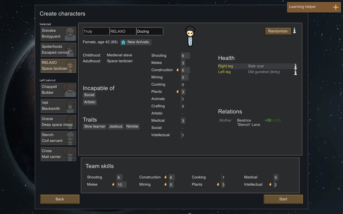 starting colonists:  @thesravaka ,  @spiderfoods , and  @TRULY_DOZING we've got a pyromaniac and a maximum cooking skill of 1this should go well