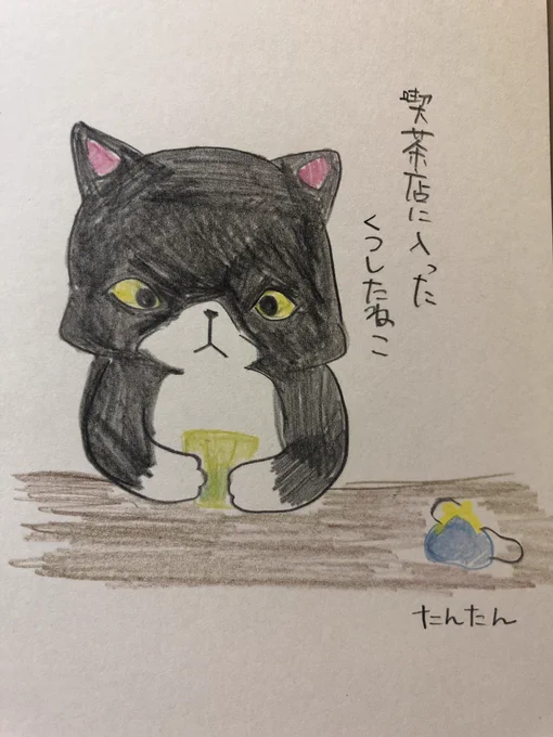 喫茶店に入ったくつしたねこ#イラスト #猫#色鉛筆 