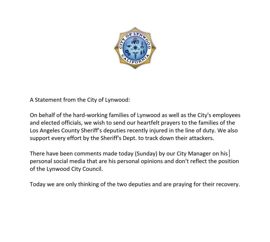 NEW: The city of Lynwood has responded to their city manager’s public Instagram post that said “Chickens come home to roost” after the ambush of two LASD deputies. The city council says Jose Ometeotl’s comments were his personal opinion & do not reflect the city’s position  @FOXLA