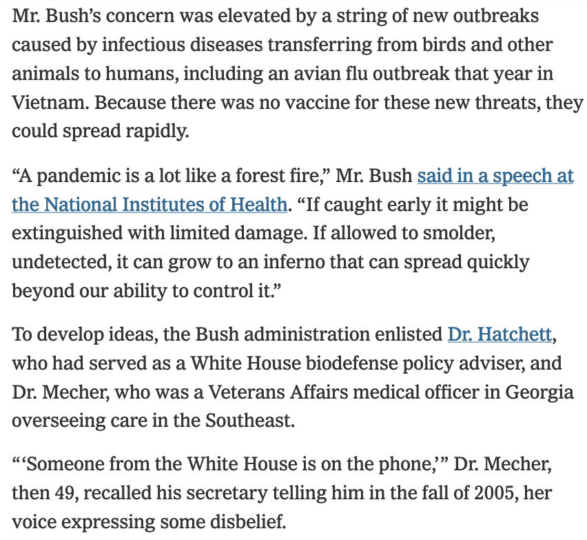 "To develop ideas..." Bush's instincts were right on this (although possibly wrong about optimal forest fire policy): early detection of new respiratory viruses (flu or corona) was crucial. This was well-understood by experts, which the speech (read it) acknowledges.