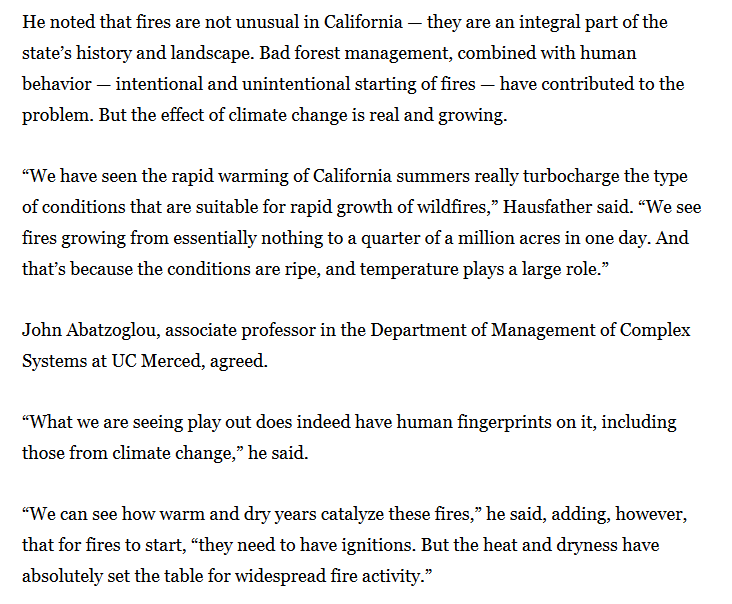 In before "What about development in the urban / wildland interface? What about controlled burns?" All factors as well. But climate change is the biggest; it's the only one heating and drying the entire coast on an unprecedented scale.