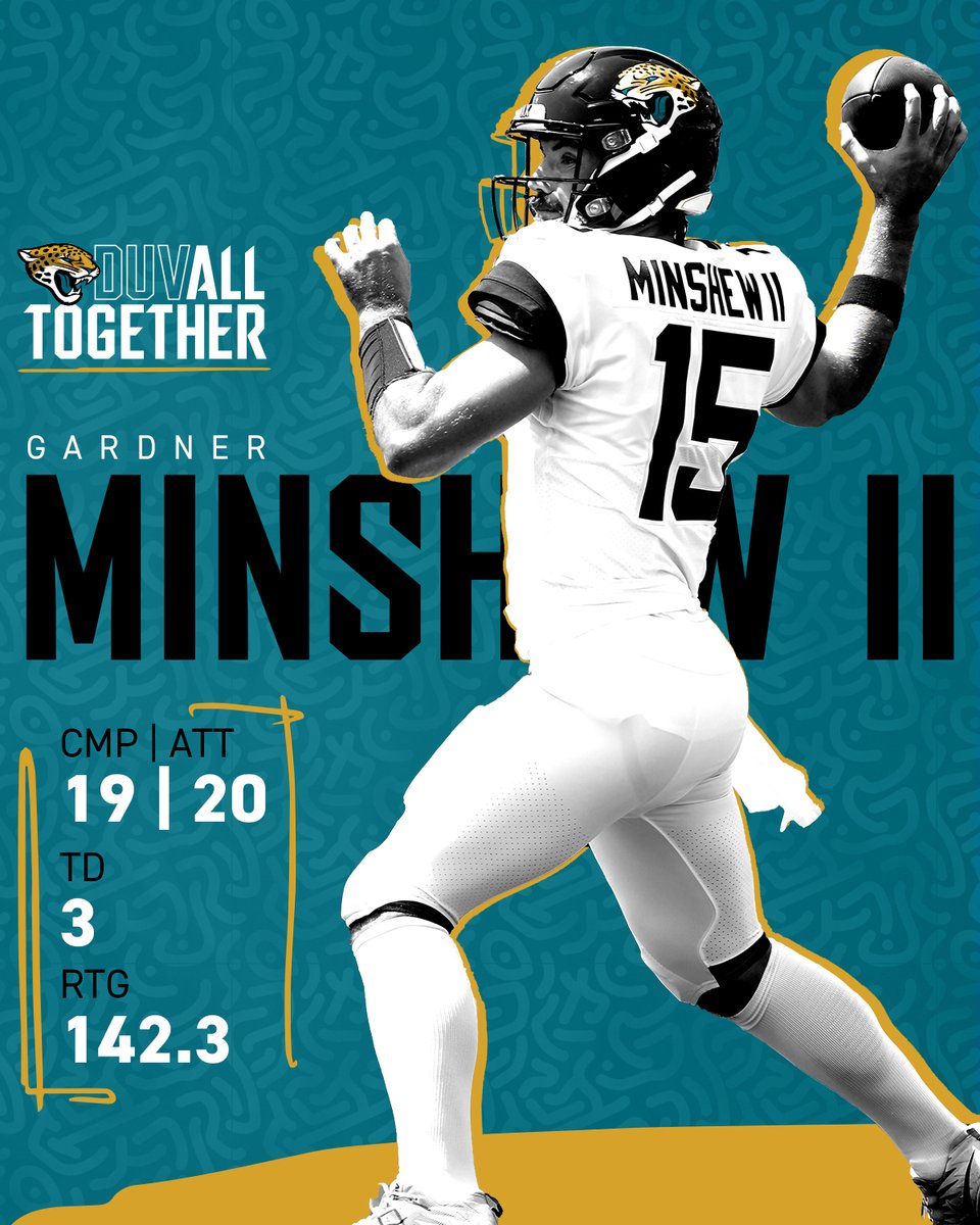 Jaguars's tweet photo. Here's a list of every QB in NFL history to complete 95% of their passes and throw for 3 TDs:

@gardnerminshew5 

That's it. That's the list. https://t.co/H7U81ZjMcV