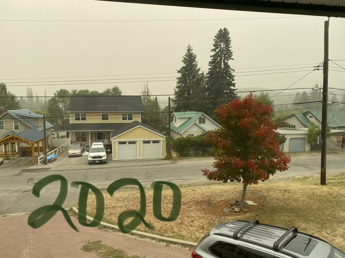 MrsTreeSap's tweet photo. @cbcnewsbc @CBCNews Our town was on evacuation alert Aug 2018. 2020 smoke is worse than 2018.  There’s supposed to be trees and mountains behind that house. https://t.co/WihPnFOQ4R