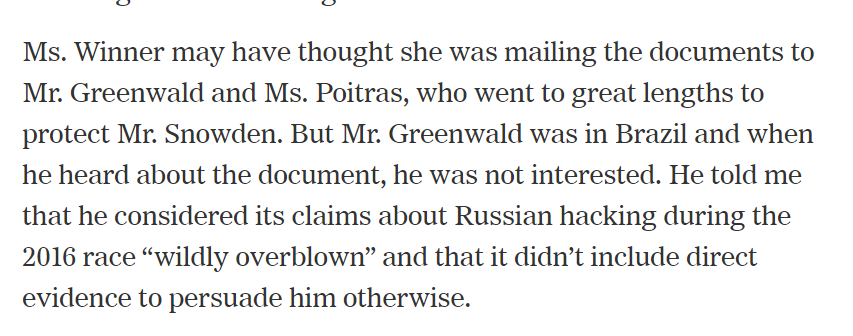 The other main takeaway is that Glenn Greenwald was presented with a whistleblower leaked internal NSA documents on the RUSSIA story that he'd been obsessed with for years....and just completely dismissed it & waved it away b/c it went against his priors. As a journalist does.