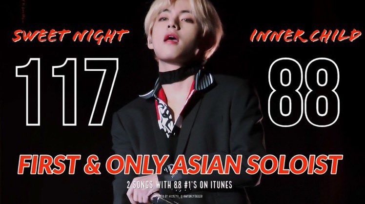 Romantic_Tae's tweet photo. @myonlyTAEger @BTS_twt @BigHitEnt Taehyung extends his own record as the first and only Asian solo artist to have 2 songs (Sweet Night and Inner Child) to reached *88 #1's on iTunes. 
Congrats 🎊🎉 Taehyung 

#InnerChild88개국1위 #MultiRecordArtistV https://t.co/0yf2Fu60E8