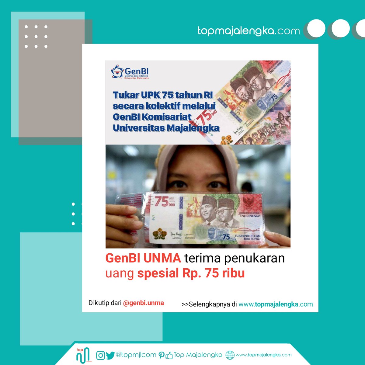 topmjlcom's tweet photo. GenBI UNMA terima penukaran uang spesial kemerdekaan Rp. 75 ribu... Daftar Sekarang! Waktu terbatas.
>>Selengkapnya di https://t.co/E7Cs07DD4r

#majalengka #topmjlcom #ngetopkeunmajalengka https://t.co/pmMXHgDCE0