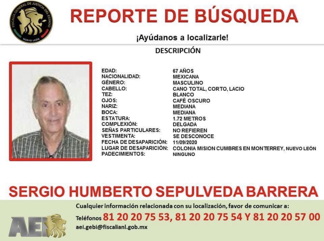 Cicmty's tweet photo. 📢#Aviso Se solicita su colaboración para la localización de Sergio Humberto Sepulveda Barrera #Monterrey UX7297 https://t.co/TvpEgT4BYU